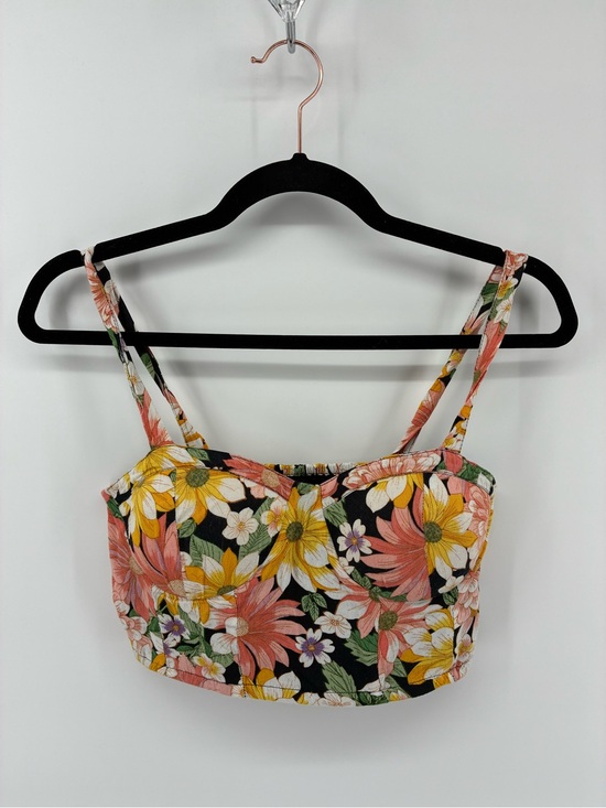 Bog Collective Tops - Floral Print Padded Crop Tank Top - Pink, Yellow & White